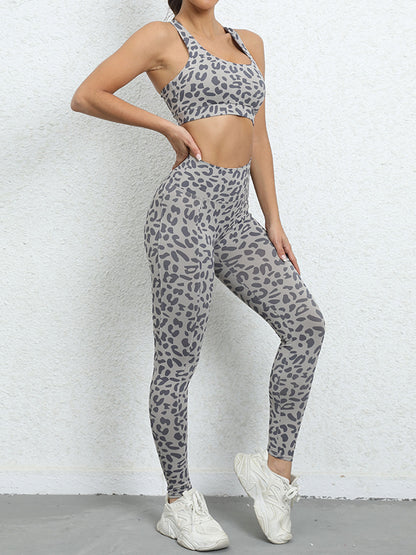 High-Waisted Leopard Spaghetti-Neck Sports Bra&Leggings Suits