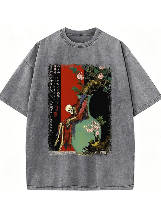 Flower Skeleton Japanese Ukiyoe Halloween Poster Washed T-shirt