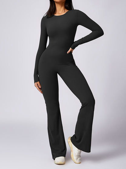 Flared Pants Backless Pleated Solid Color Round-Neck Jumpsuits