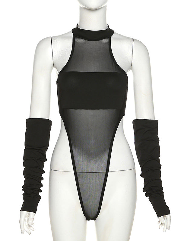 Skinny Wrap Hollow Mesh Solid Color Split-Joint Round-Neck Bodysuits