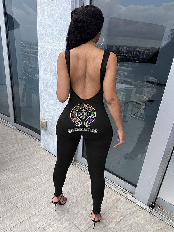 Gothic Text Print Sleeveless Hollow Backless Fashion Jumpsuit