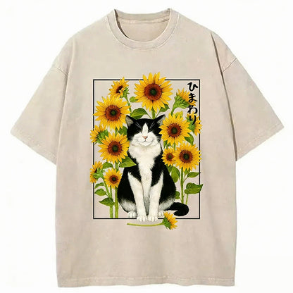 Funny Sunflower And Cat Poster Washed T-shirt