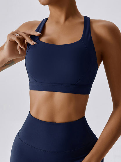 Skinny Wrap Back Cross Hollow Solid Color Square-Neck Sports Bra