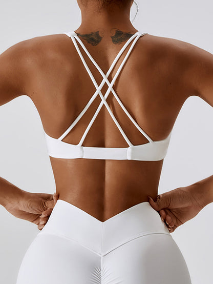 Wrap Back Cross Hollow Solid Color V-Neck Sports Bra