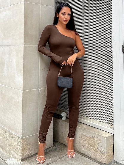 Skinny Leg Wrap Solid Color One-Shoulder Jumpsuits