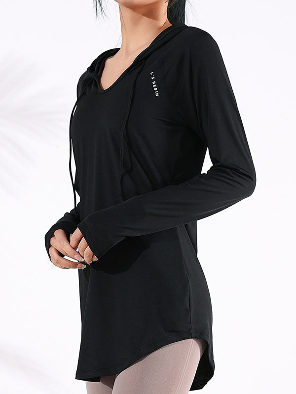 Long Sleeves Loose Yoga Tops Hooded Solid Color V-Neck Tee