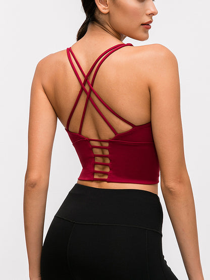 Skinny Wrap Yoga Tops Hollow Solid Color Spaghetti-Neck Bra