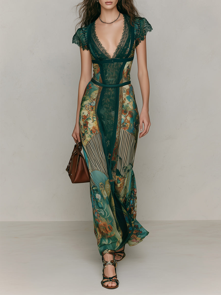 Boho Print Lace Trim Ethnic Print Maxi Dress