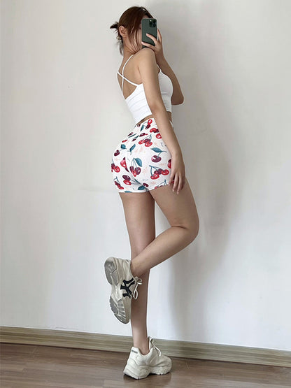 Wrap Contrast Color High-Waisted Fruit Printed Sports Shorts