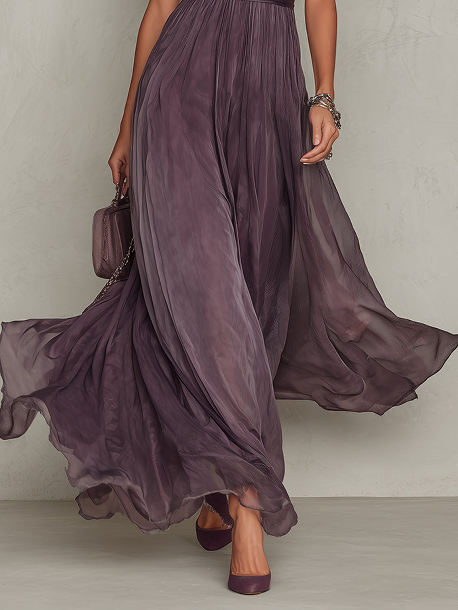 Retro Keyhole Collar Chiffon Maxi Dress With Lace