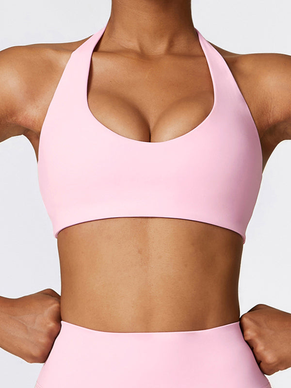 Skinny Wrap Backless Solid Color U-Neck Sports Bra