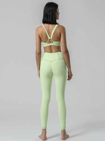 Back Cross Solid Color High-Waisted Bra&Leggings Sports Suits