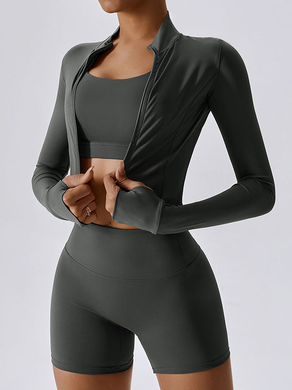 Three Piece Suit Long Sleeves Skinny Bra&Shorts Solid Color Zipper Sports Suits