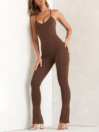 Back Cross Hollow Solid Color Split-Side Spaghetti-Neck Jumpsuits