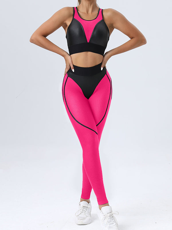 Skinny Wrap Contrast Color Spaghetti-Neck Sports Bra&Leggings Suits