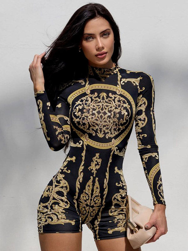 Gold Print Long Sleeves Rompers