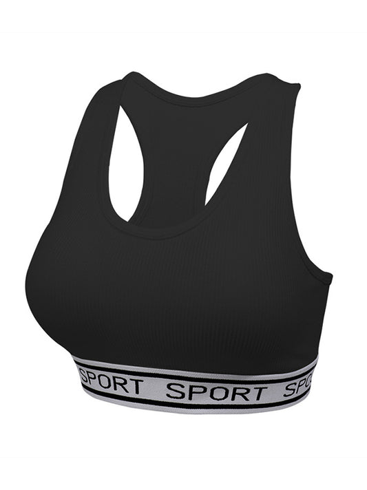 Letter Print Skinny Wrap Solid Color U-Neck Sports Bra