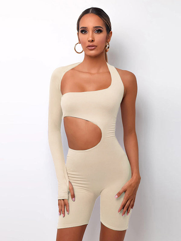 Long Sleeves Skinny Hollow Solid Color One-Shoulder Rompers