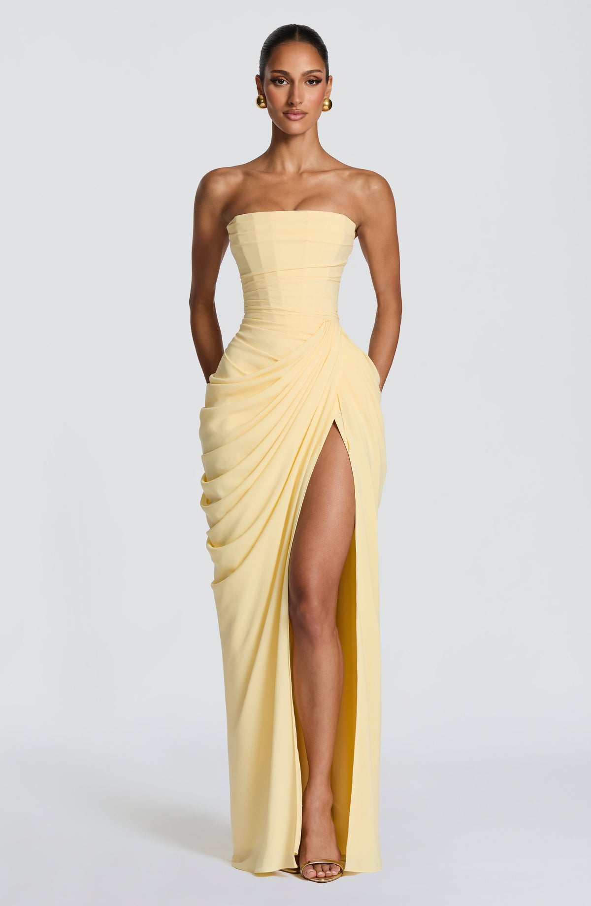Strapless Ruched Slit Maxi Dress