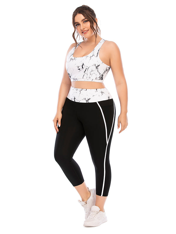 Plus Size Color-Block High-Waisted Hollow Printed Spaghetti-Neck Bra&Leggings Suits