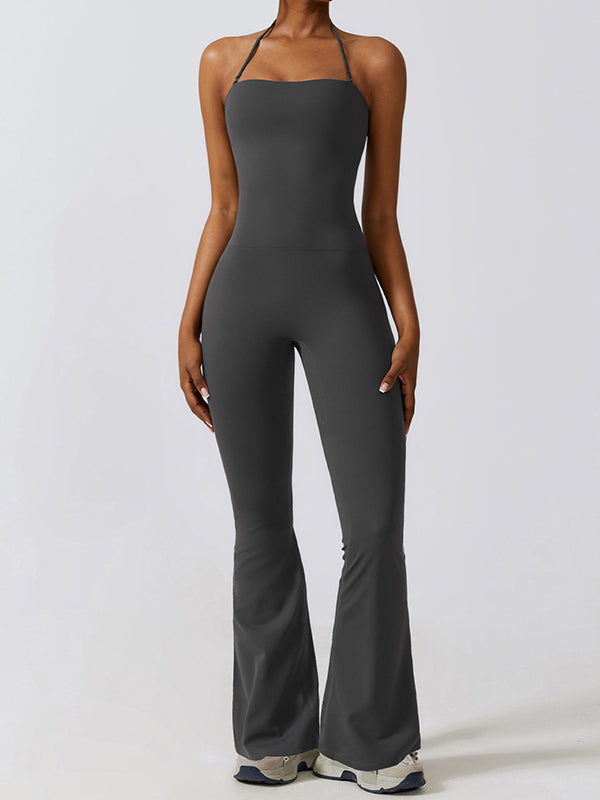 Flared Pants Skinny Leg Backless Detachable Solid Color Halter-Neck Jumpsuits