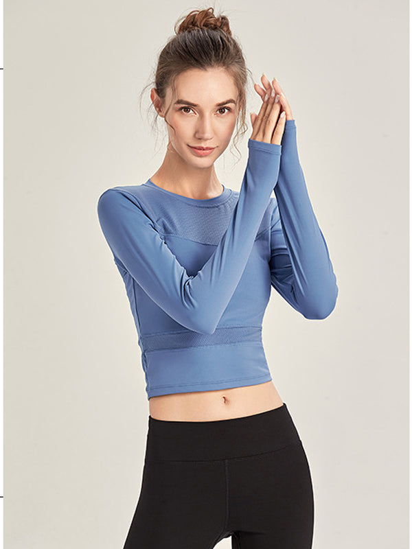 Split-Joint Long Sleeve Solid Color Slim Short Navel Top