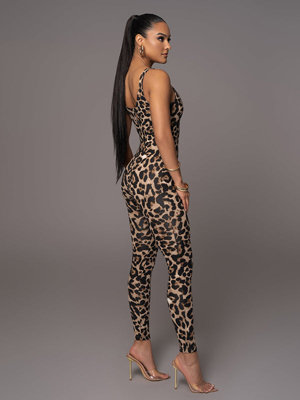 Skinny Contrast Color Leopard Snakeskin Spaghetti-Neck Jumpsuits