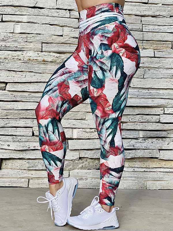 Green&Red Leaf Print High-Waisted Quick Dry Flexible Running Leggings