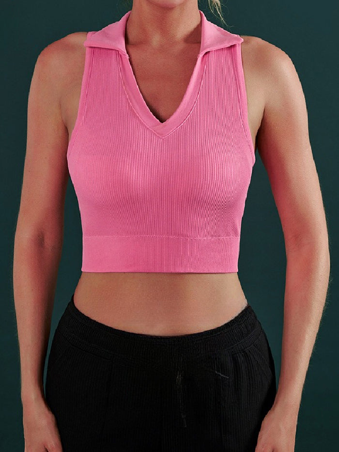 Skinny Yoga Tops Sleeveless Sports Bra Solid Color Lapel Collar Tank