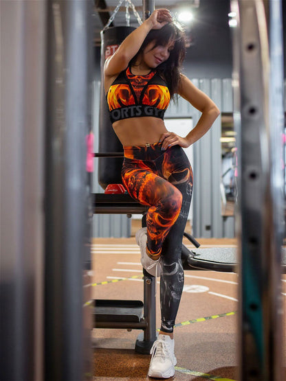 Fashion Flame Print Mesh Split-Joint Bra&Leggings Sports Suits