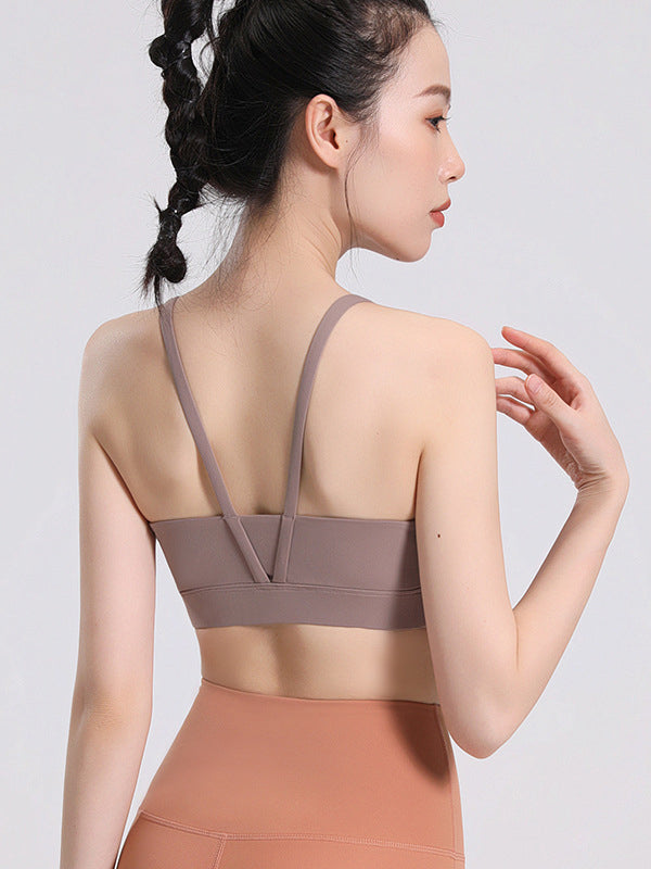 Skinny Wrap Hollow Solid Color V-Back Spaghetti-Neck Sports Bra