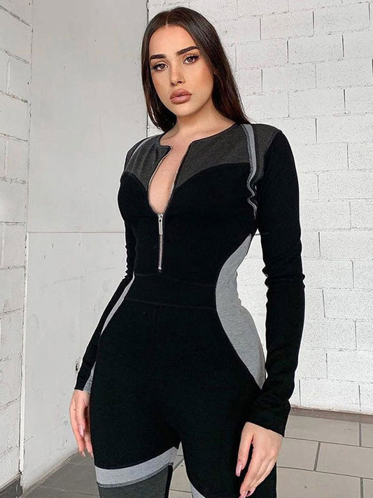 Color Matching Zipper Round Neck High Waist  Gym Jumpsuits