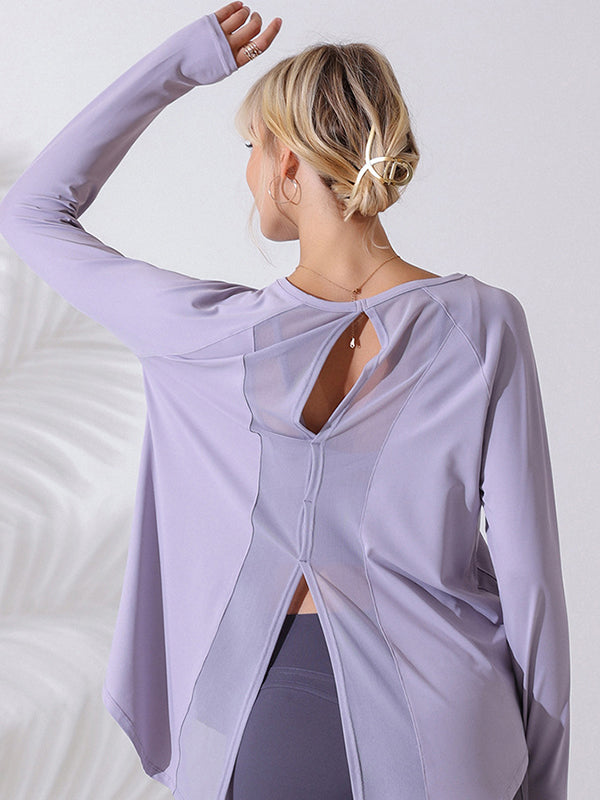 Long Sleeves Loose Hollow Solid Color Round-Neck Yoga Tops