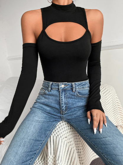 Irregular Cutout Long Sleeve Off Shoulder Bodysuit