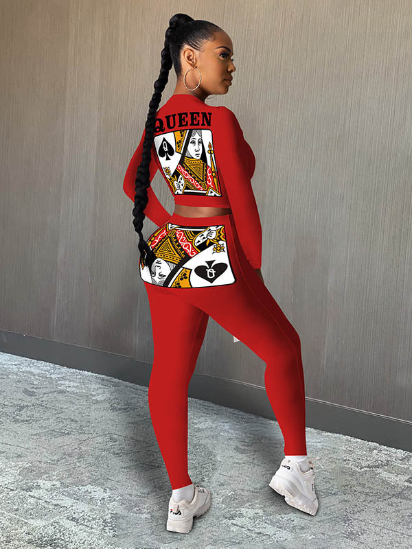 Long Sleeve Spades Q Playing Card Q Tie Top&Leggings Suits