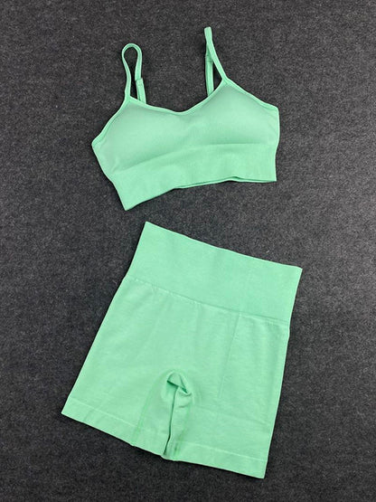 High-Waisted Solid Color Spaghetti-Neck Sports Bra&Shorts