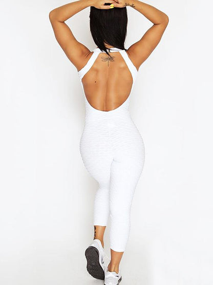 Solid Honeycomb Pattern Backless Yoga Jumpsuits