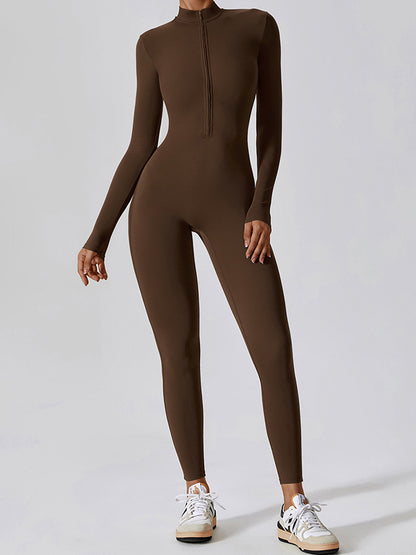 Solid Color Zipper High-Neck Yoga Jumpsuits