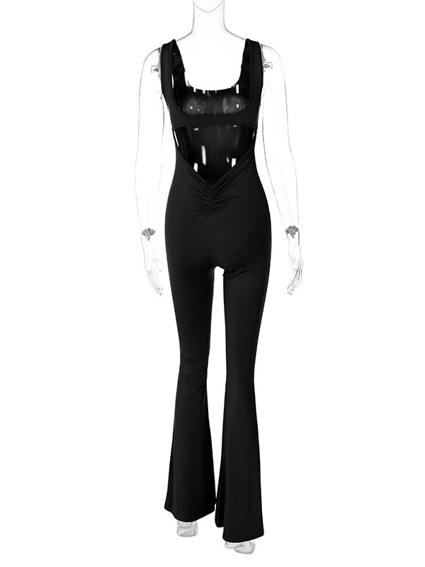 Backless Hollow Solid Color Flared U-Neck Jumpsuits