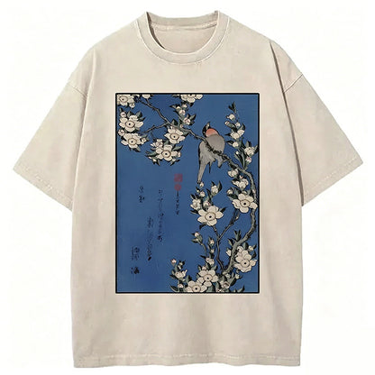 Japanese Bird And Wood Painting Washed T-shirt