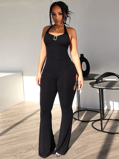 Flared Pants Skinny Backless Bandage Hollow Solid Color Halter-Neck Jumpsuits