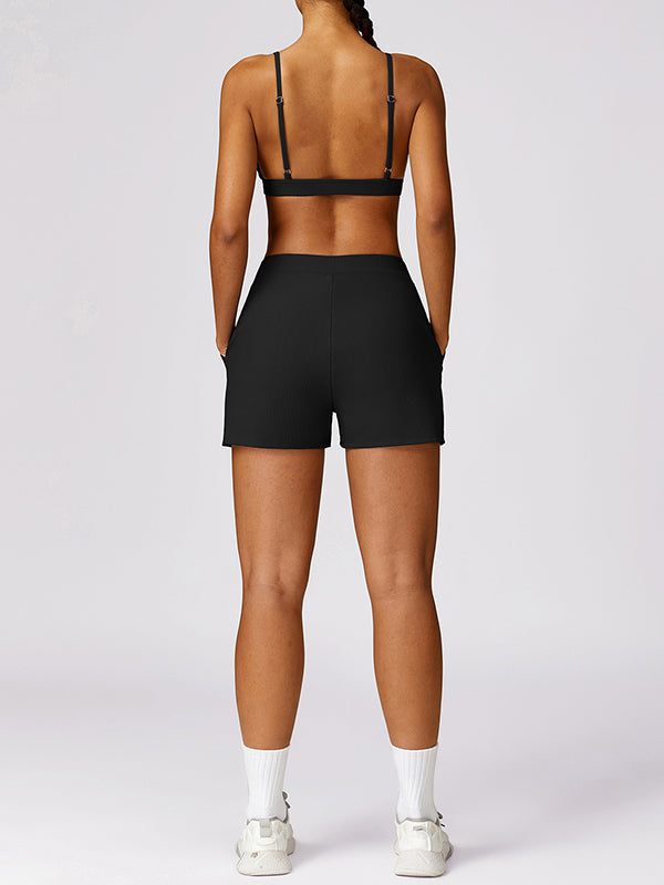 Wrap Pockets Solid Color Sports Shorts