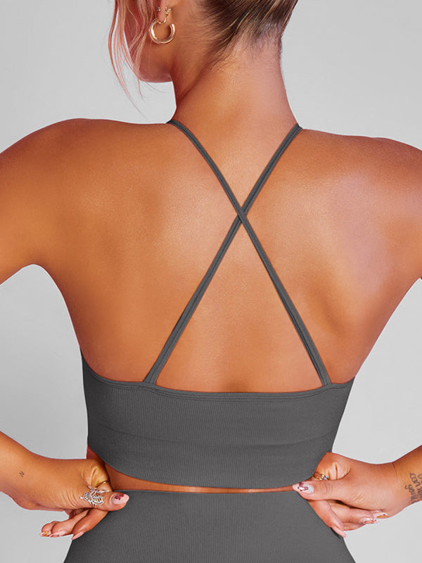 Skinny Wrap Hollow Sports Bra Solid Color Spaghetti-Neck Tank