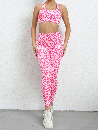 High-Waisted Leopard Spaghetti-Neck Sports Bra&Leggings Suits