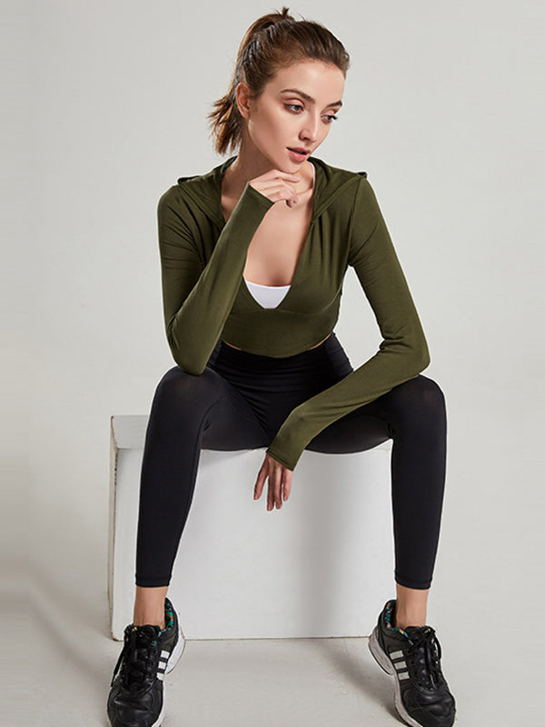 Cropped Long Sleeves Hooded Solid Color Split-Joint U-Neck Yoga Tops