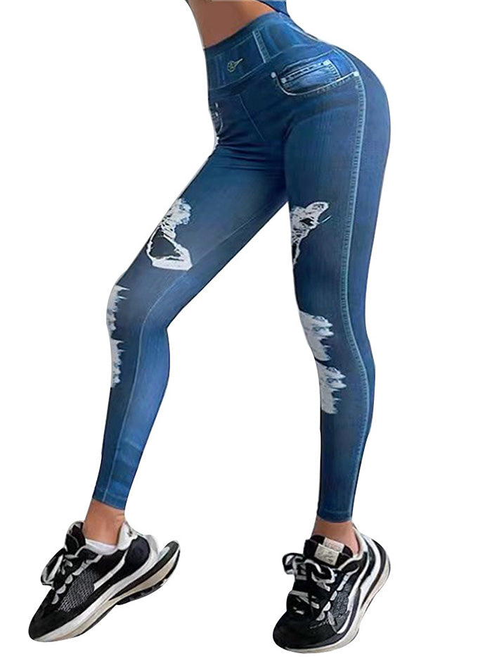 Print Denim Peach Hip Lift High Waist Tight Quick Dry Fitness Pants