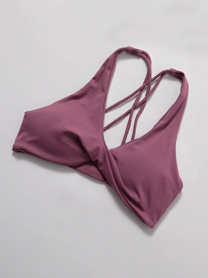 Wrap Back Cross Hollow Solid Color V-Neck Sports Bra