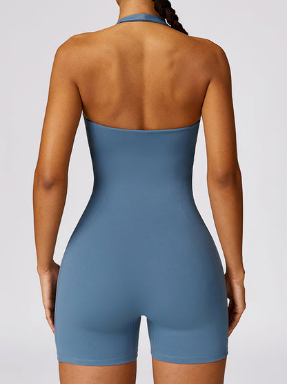 Skinny Wrap Backless Solid Color Halter-Neck Rompers