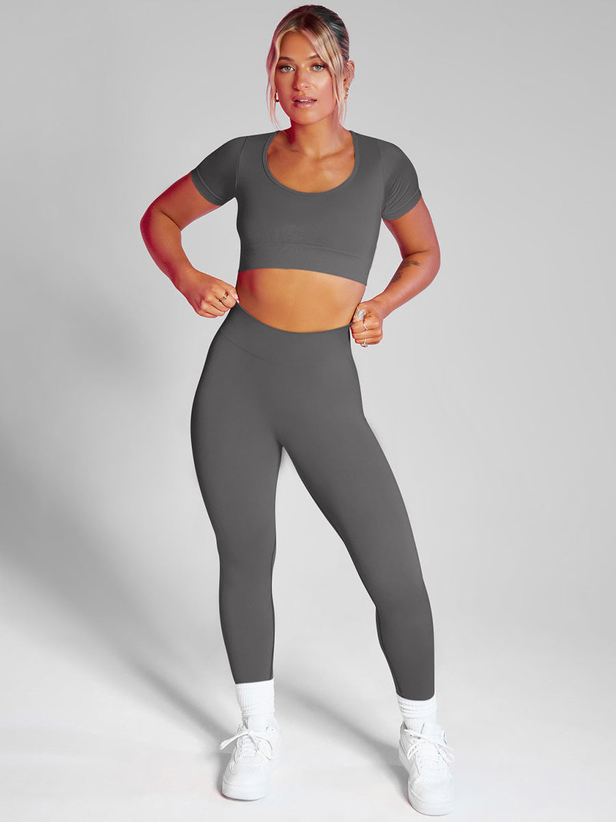 Solid Color Short Sleeves & Leggings Yoga Suit