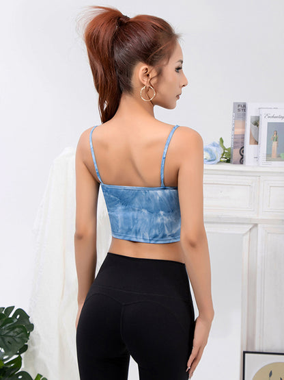 Wrap Hollow Knot Pleated Tie Dye Spaghetti-Neck Sports Bra